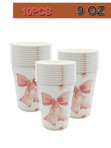 10件套粉色蝴蝶结一次性餐具套装 - 包括9/7英寸餐盘、9盎司杯子和餐巾纸，适合生日派对、女孩派对和春季聚会 - 彩色 - 查看 8