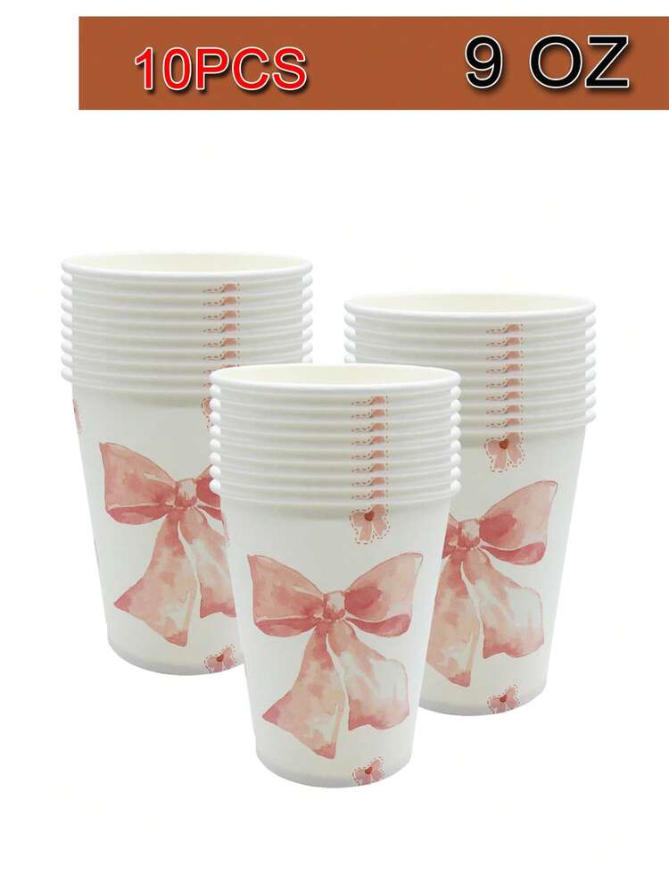 10件套粉色蝴蝶结一次性餐具套装 - 包括9/7英寸餐盘、9盎司杯子和餐巾纸，适合生日派对、女孩派对和春季聚会 - 彩色 - 查看 8