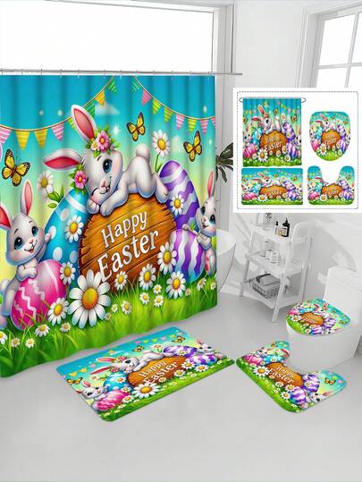 1/4pcs Happy Easter Cute Rabbit & Decorative Egg Print Waterproof Bathroom Curtain Set, Tranquil & Healing, Waterproof & Mildew Proof, Thick Polyester, No Drill Installation, Anti-Slip Bath Mat, Absorbent Toilet Pad, Digital Printing, Fade Resistant, Machine Washable, All Season, Easter Holiday Limited Edition