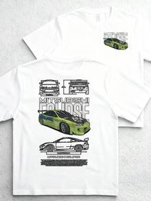 Camiseta estampada para hombre Y2K estampado, estilo callejero Diseño de coche verde Mitsubishi Eclipse camisetas gráficas 100 por ciento algodón camisetas con gráficos - Blanco - Ver 2