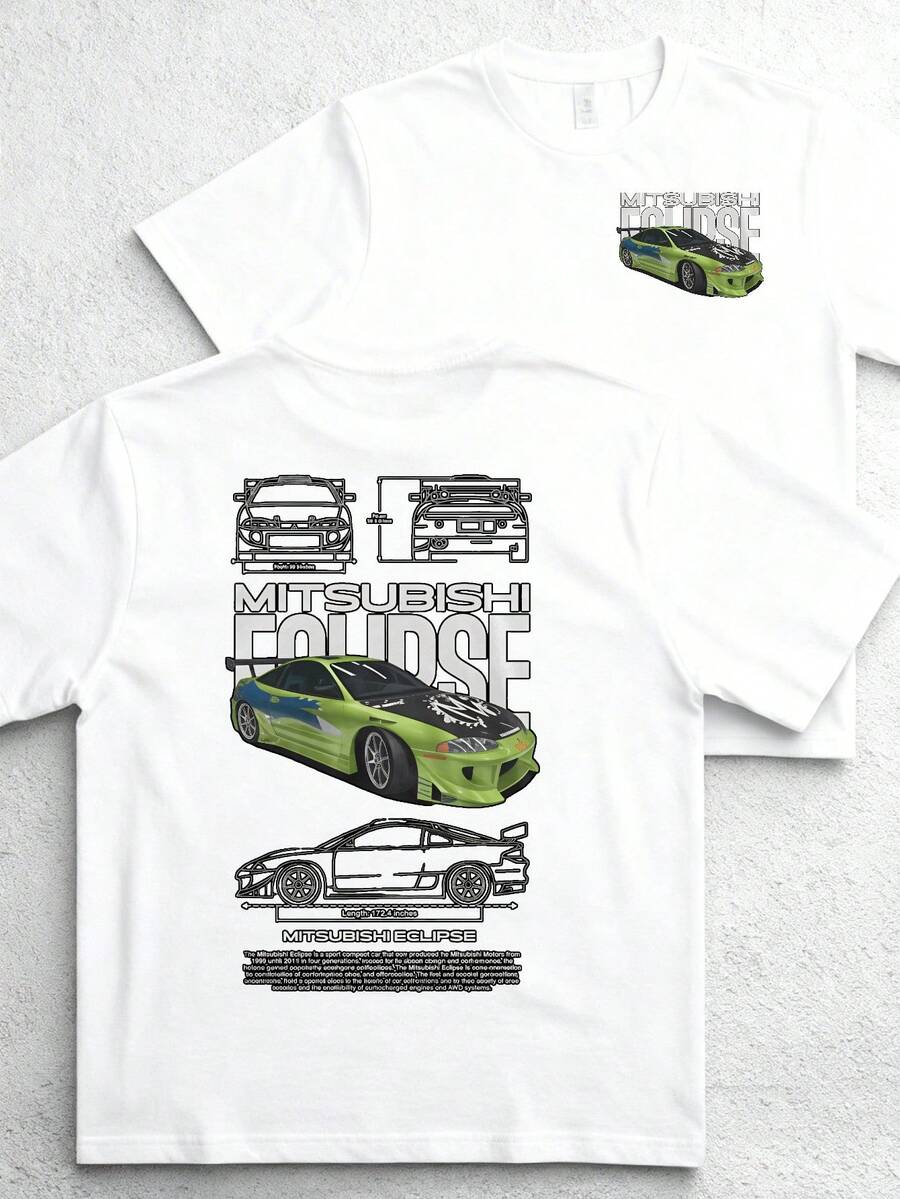 Camiseta estampada para hombre Y2K estampado, estilo callejero Diseño de coche verde Mitsubishi Eclipse camisetas gráficas 100 por ciento algodón camisetas con gráficos