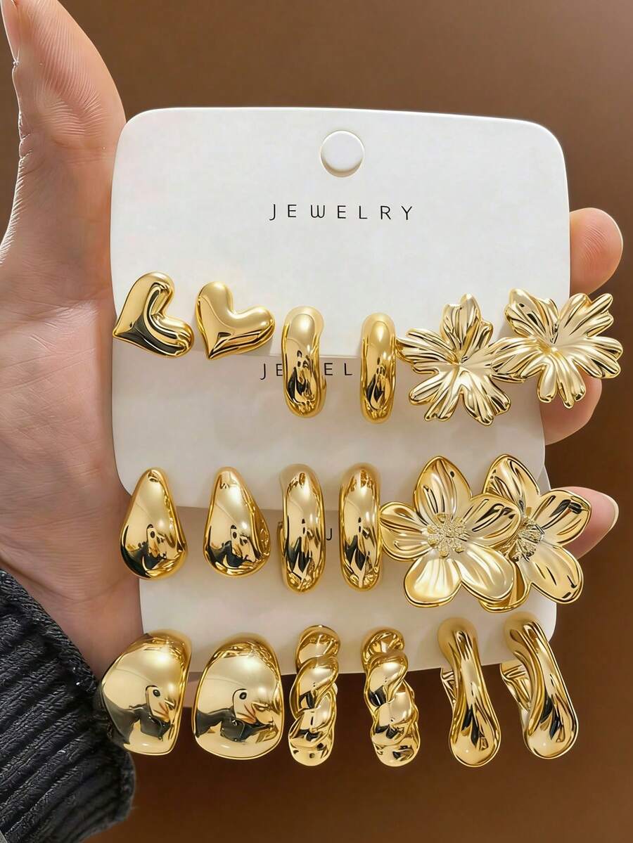 Juego de 6-18 piezas de aretes de joyería de moda con tono dorado, elegante y estiloso, adecuado para uso diario, fiestas y eventos - Multicolor - Ver 1