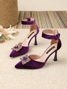 Purple Crystal Embellished Stiletto Heel Sandals, Versatile Elegant Pumps For Casual, Commute, Office, Nightclub, Wedding, Outdoor, Suitable For Spring/Summer - Purple - View 1