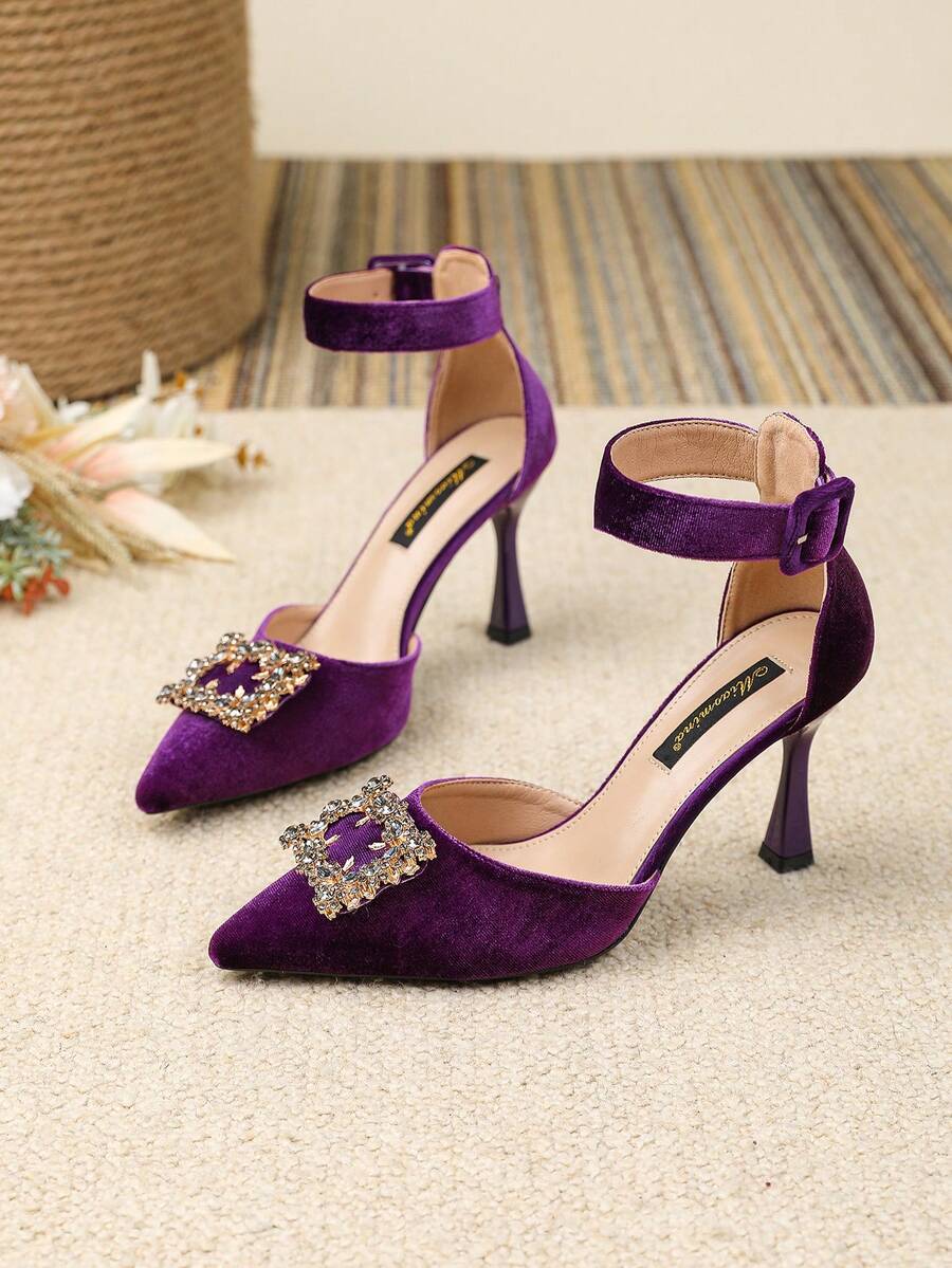 Purple Crystal Embellished Stiletto Heel Sandals, Versatile Elegant Pumps For Casual, Commute, Office, Nightclub, Wedding, Outdoor, Suitable For Spring/Summer - Purple - View 1