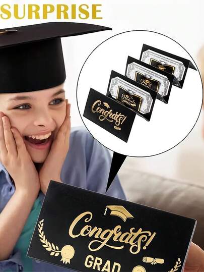 2pcs Foldable Cash Gift Display Stand - Innovative Black Gold Graduation Cash Envelopes, Multifunctional Cartoon Design Self-Sealing Wallet, Campus Gift, Graduation Surprise Gift, Graduation Party Decor Souvenir