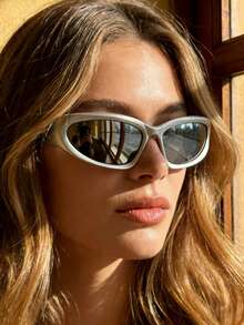 1副Y2K银色镜框黑色和灰色镜片运动时尚眼镜 - 銀色 - 查看 6