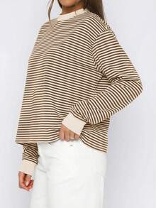 Vaiaye Spring/Summer Striped Contrast Color Round Neck Long Sleeve Top, Minimalist Loose Women T-Shirt, Suitable For Daily Wear And Commuting Casual - Apricot Coffee - View 10