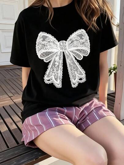 少女卡通蝴蝶结印花圆领T恤，Y2K风格休闲柔软上衣，春夏款