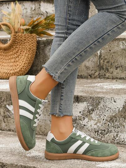 1双女士休闲鞋，撞色几何图案，复古休闲布面系带圆头平底学院风鞋，适合所有季节