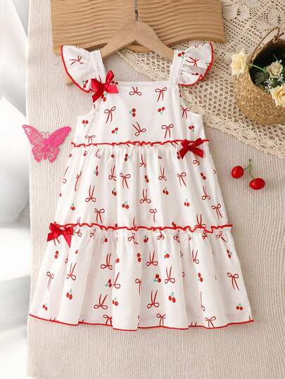 1件女童休闲蝴蝶结樱桃图案柔软舒适梭织面料吊带中长连衣裙，适合户外穿着，春夏款