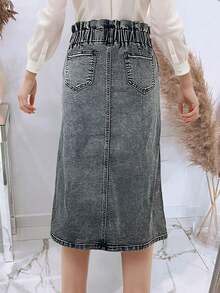 Summer Casual Slit Straight Denim Skirt Spring - Grey - View 4