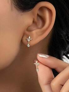 Bông tai hình hoa đính đá Cubic Zirconia thanh lịch - Nhẫn hình bướm đính đá Cubic Zirconia có thể điều chỉnh kích thước thời trang - Nhẫn hở hình hoa đôi sang trọng duyên dáng. - Vàng - Xem 2