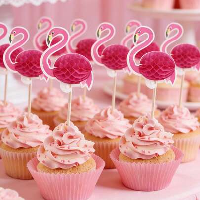 50pcs Hawaiian Style 3D Flamingo Cupcake Toppers, Suitable For Hawaiian Themed Birthday Party, Wedding Cake Decoration, Tropical Aloha Theme Decor