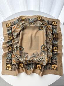1pc 70*70cm Square Silk Printed Scarf, Fashion Silk Headscarf, Neck Scarf For Women - Khaki - View 4