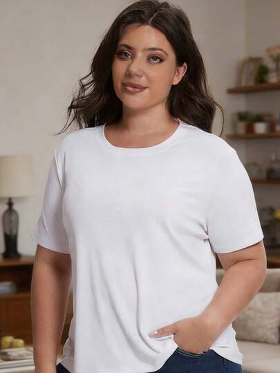 1 pieza Camiseta de mujer talla grande, casual, holgada y cómoda de cuello redondo y manga corta, versátil para usar en casa/dormir, nuevo diseño de verano