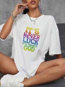 T-shirt femme coloré, << Ce n'est jamais de la chance, c'est toujours Dieu », t-shirt déC-ontracté à manches courtes, 1 pièce, épais eT- Confortable, col rond, doux, charmant, 1 pièce, 100 % coton, t-shirt vintage pour femme, motif 2D, col rond, manches courtes, convient toute l'année. - Blanc - Voir 1