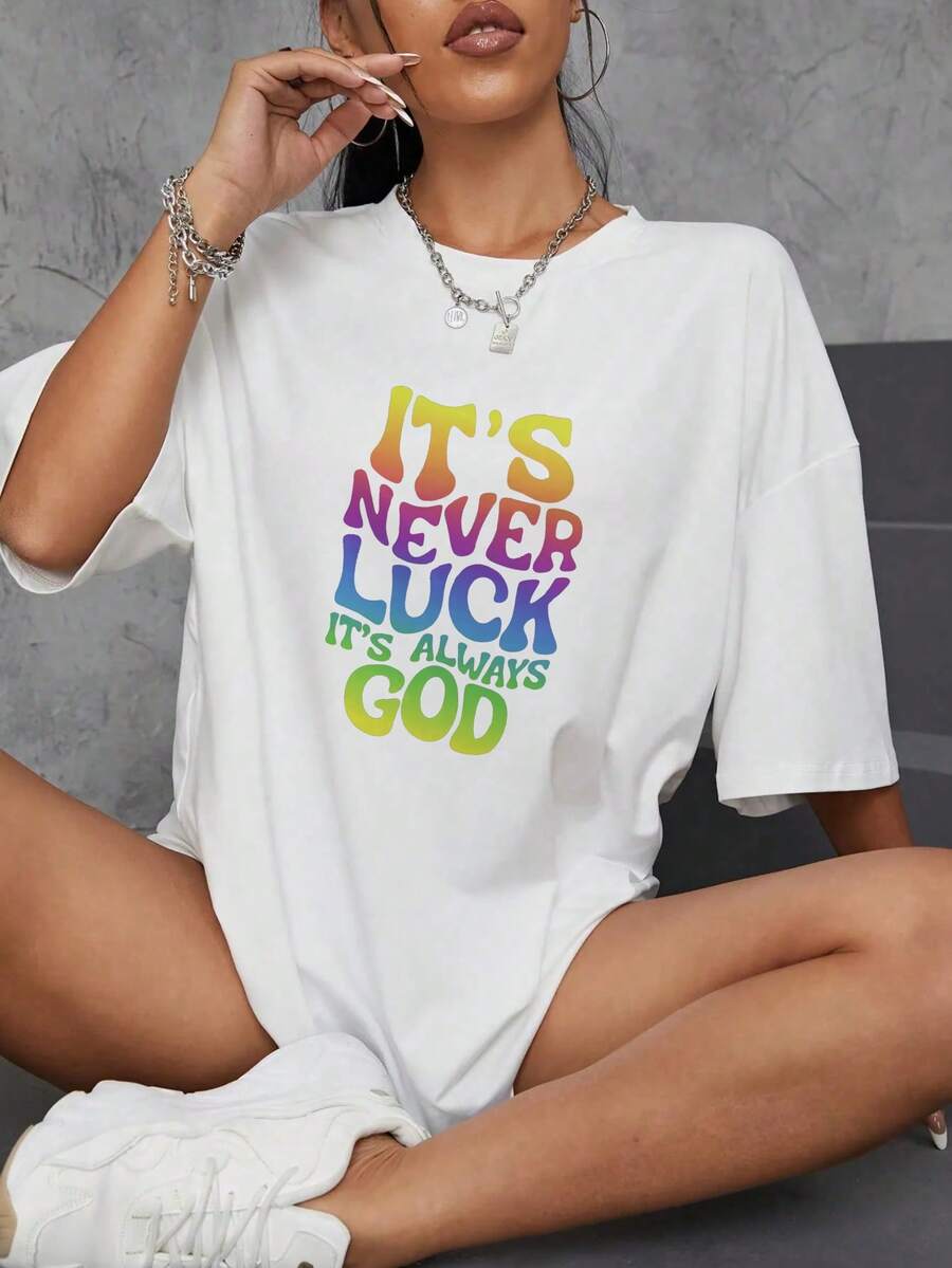 T-shirt femme coloré, << Ce n'est jamais de la chance, c'est toujours Dieu », t-shirt déC-ontracté à manches courtes, 1 pièce, épais eT- Confortable, col rond, doux, charmant, 1 pièce, 100 % coton, t-shirt vintage pour femme, motif 2D, col rond, manches courtes, convient toute l'année. - Blanc - Voir 1