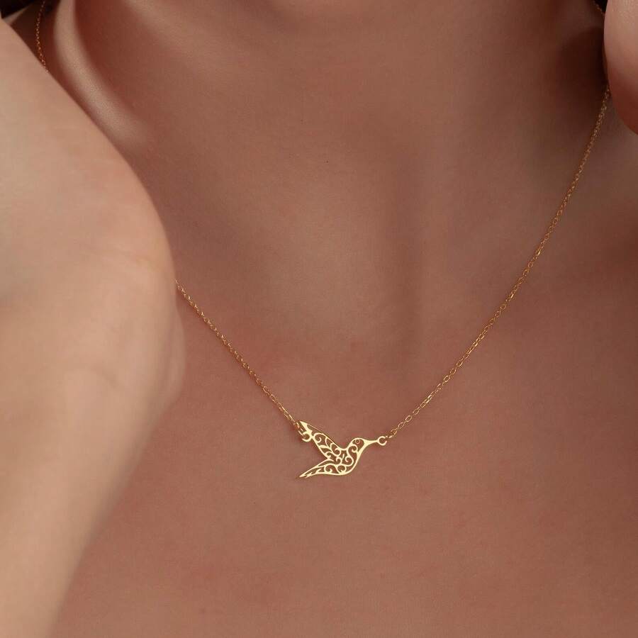 Hummingbird Necklace,Dainty Bird Jewelry, Geometric Bird Pendant, Stainless Steel Jewelry Gift For Her - Gold - View 1