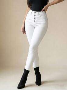 Women's High Waist Stretch Denim Jeans With Multi-Button Closure, Pockets & Vintage Wash Design Casual Elegant Outing Pants - 白色 - 查看 1