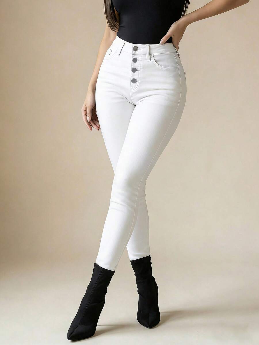 Women's High Waist Stretch Denim Jeans With Multi-Button Closure, Pockets & Vintage Wash Design Casual Elegant Outing Pants - 白色 - 查看 1