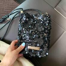 Women's Spring Mermaid Sequin Knot Phone Bag, Metal Label Travel Party Portable Sweet Lady Magnetic Closure Handbag - Multicolor - View 3