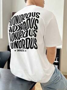 Camiseta holgada elástica de punto para hombre con estampado de eslogan, para verano - Blanco - Ver 2