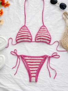 Women's Crochet Striped Tie-Up 2 Pieces Bikini Set, Including Triangle Top And Tie Shorts, Beach Vacation Wear - Hot Pink - View 8