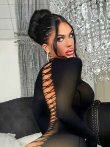 女士性感内衣，女士刺绣连体衣，趣味性感镂空三件套性感睡衣 - 黑色 - 查看 3