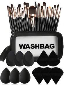 32/1 化妆刷套装，专业化妆刷套装，含清洁海绵工具。套装包含：20支化妆刷 + 3个化妆海绵 + 3个清洁海绵 + 6个美妆蛋，化妆刷清洁工具，面部刷，眼部刷，眉刷，粉底刷，腮红刷，晕染刷，遮瑕刷，美妆蛋，化妆海绵，柔软化妆刷。 - 黑色 - 查看 13