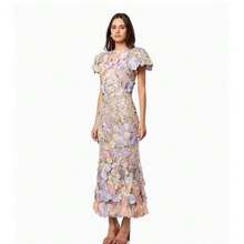 Fashionable Socialite With Elegant Temperament, Ladies With Light Luxury Round Neck Embroidery, Three-Dimensional Flower Bubble Sleeves, Mid Length Dress, Hip Hugging Skirt - Màu tím nhạt - Xem 5