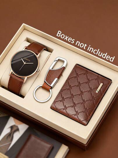 1件/2件/3件套奢华商务男士时尚休闲圆形指针PU皮革石英表套装，包含钱包和钥匙扣，适合日常佩戴、派对、情人节、父亲节等场合，也是馈赠亲朋好友的理想礼物。