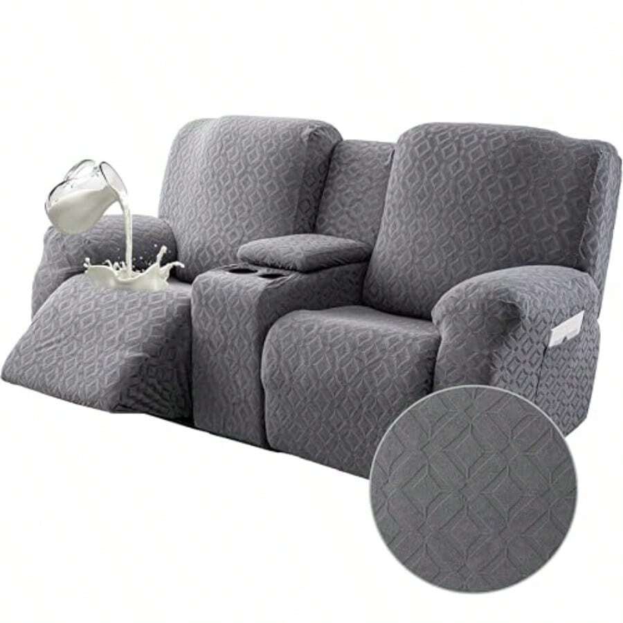 Genina Funda impermeable para sillón reclinable de dos plazas con consola fundas elásticas para sofá reclinable con bolsillos fundas reclinables Lazy Boy protector de sofá a prueba de fugas para - Gris Oscuro - Ver 1