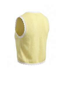 女士黄色针织背心 | 无袖纽扣前襟荷叶边露脐上衣，适合夏季和早午餐穿着 - 黃色 - 查看 11