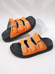 1 Pair Girls' Beige Suede Multi-Buckle Thick-Soled Non-Slip Slide Sandals For Everyday Casual Use - Burnt Orange - View 5