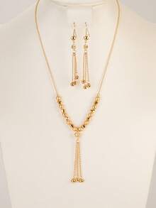 3 件套极简主义节日系列铜镀金流苏吊坠项链和耳环，女士派对婚纱配饰 - 金黃色LNS0740 - 查看 2