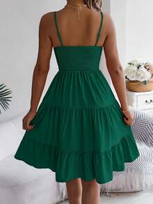Spring/Summer Casual Pleated Strap Cami Mini Dress Vacation Style Party - Dark Green - View 2