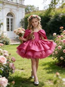 优雅的紫红色蝴蝶结花童礼服，女童晚礼服，公主裙，舞会礼服，婚礼，生日，派对，圣诞节，毕业典礼 - 玫紅色 - 查看 2
