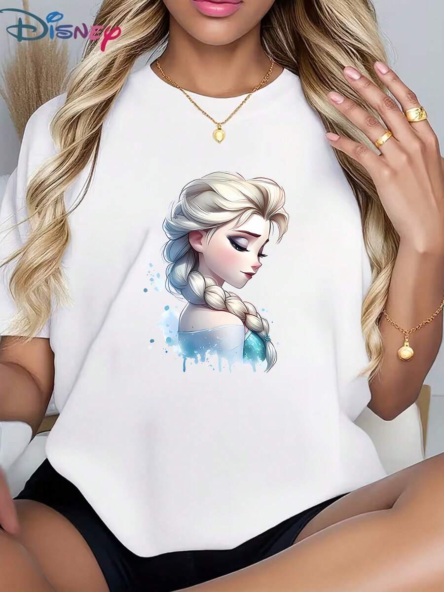 Disney Soft Stretch Women's Crew Neck T-Shirt, Featuring Elsa Watercolor Graphic (Icy Artistic Print) - Comfy For Casual Days, Frozen TeeMade From Soft, Comfortable, And Durable Pure Cotton, This Is An Ideal Choice For Spring And Summer. This Crew Neck T-Shirt Is Suitable For Various Occasions, Including Everyday Wear, Shopping, Parties, Travel, And Gatherings, And Also Makes A Thoughtful Gift. - 黑色 - 查看 1