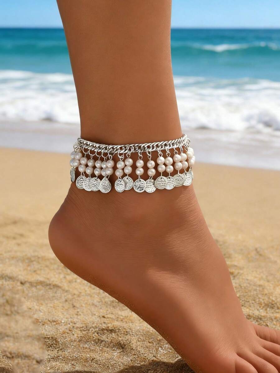 1pc Bohemian Style Exaggerated Beaded Vintage Coin Anklet, Suitable For Beach Holiday Wear - Silver - View 1