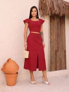 Women's Tailored Set: Cropped Top With Ruffled Sleeves, Midi Skirt With Front Slit, High Waist. Elegant Women's Fashion Set ✨ Casual, Vacation, Beach - 紅木色 - 查看 3