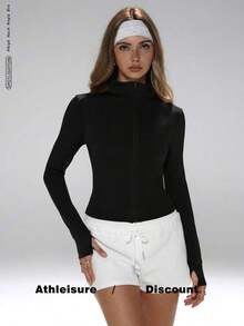 Women's Slim Fit Breathable Sports Set, Suitable For Outdoor Running, UV Protection Zipper Elastic Minimalist Slim Fit Fashionable Sexy High-Quality Basic Streetwear Elastic Casual Unique Color Brightening Skin Tone Elegant Tight Fit Warm Long Sleeve Yoga Jacket - Black 2 - 查看 5