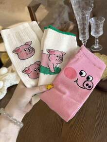 3 Pairs Random Cute Pink Pig Design Unisex Funny Socks, Cartoon Personalized Mid-Calf Socks For Women - Multicolor - View 4