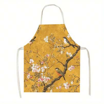 1pc Floral And Bird - Patterned Picture Apron, Suitable For Kitchen, Living Room, Dining Room, Hotel, Outdoor Barbecue And Other Scenarios, Made Of 100% Polyester, Lightweight, Machine - Washable