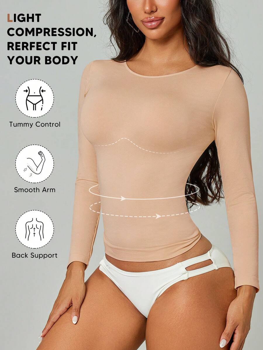 Áo thun nữ tay dài cổ tròn, chất liệu co giãn cao cấp, ôm nhẹ vùng bụng, dáng suông, thích hợp mặc thường ngày. - Màu be - Xem 1