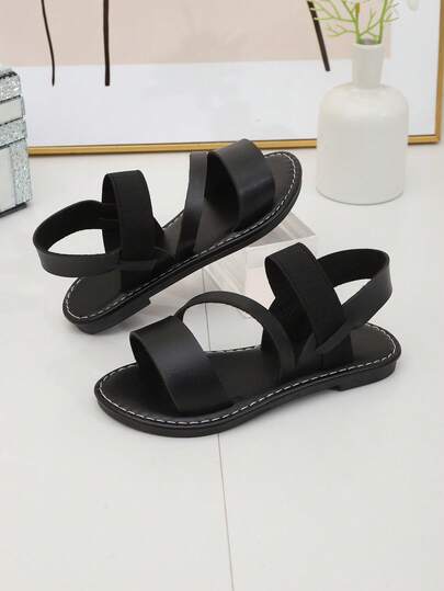 1 Pair Girls' Contrast Color Block Simple Black Sandals, Minimalist Strap Design Children's Flat Sandals, All-Match Elastic Band Open Toe Sandals, Versatile For Spring/Summer