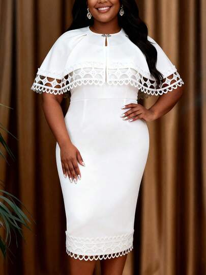 Plus Size Women's Elegant White Lace Fitted Midi Dress With Cape Sleeves, Suitable For Wedding Guest, Church, Formal Party