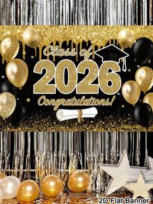1件毕业横幅背景，2026届毕业祝贺图案背景布，黑金背景布，室内外墙面装饰，2026届高中大学毕业派对用品，房间家居装饰 - 001 - 查看 8