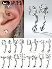 1PC TItanium Butterfly Rook Piercing Cz Flower/Spider/Moon Eyebrow Navel Ring Flower Cuved Rook Barbell Ear Tragus Cartilage Earrings Piercing - Titanium Original Color - View 9