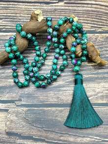 108颗6毫米绿帘石/黝帘石珠串成的玛拉项链，打结设计，配有流苏吊坠，波西米亚风格，适合瑜伽冥想和祈祷，男女皆宜。 - 彩色 - 查看 4