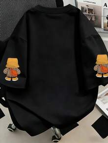 大尺碼女款休閒寬鬆泰迪熊圖案短袖T恤，適合夏季度假、海灘、假期、春季、情人節、嘉年華、母親節禮物、畢業T恤、返校穿著 - 黑色 - 查看 2